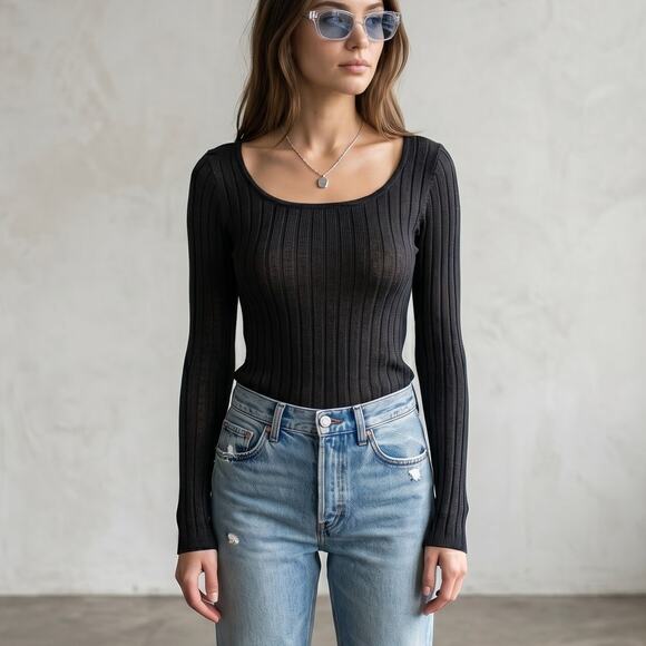 Vintage Tops - Vintage Y2K Black Sparkle Belldini Sild Blend Ribbed Sweater Top Medium